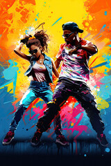 black boy and girl dancing hip hop style, grafitti background