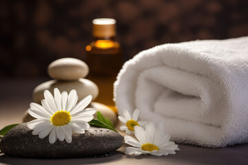 Obraz na płótnie Canvas Spa composition with essential oil, chamomile flowers and towels