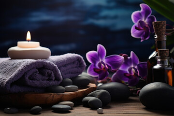 Spa composition with essential oil, violet flowers and towels
