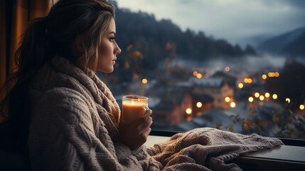 Wide horizontal photo of a cute lady drinking a tea near a window in winter background with...