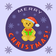 Fototapeta premium Funny light brown cartoon bear in a red cap with a green gift box in a purple circle and the inscription Merry CHRISTMAS. New Year and Christmas. Stickers, icons and vector icons. Vector illustration.