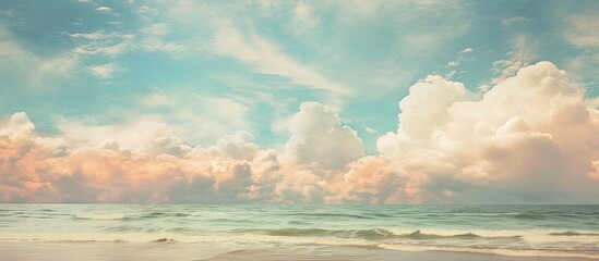 In a picturesque beach landscape an abstract vintage poster design captures the essence of summer travel with a textured background showcasing a captivating artwork of a cloud filled sky mee