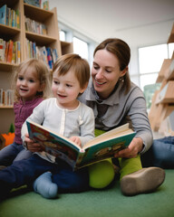 Fototapeta na wymiar jeunes enfants qui lisent un livre en compagnie d'un adulte dans une bibliothèque