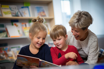 jeunes enfants qui lisent un livre en compagnie d'un adulte dans une bibliothèque - obrazy, fototapety, plakaty