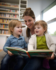 Fototapeta premium jeunes enfants qui lisent un livre en compagnie d'un adulte dans une bibliothèque