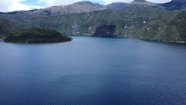 aerial view cuicocha lagoon in Ecuador, with islets in the middle of the water