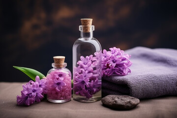 Fototapeta na wymiar Spa composition with essential oil, Hyacinth flowers and towels