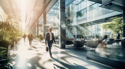 Blurred business people fast movement in office building by Generative AI - obrazy, fototapety, plakaty