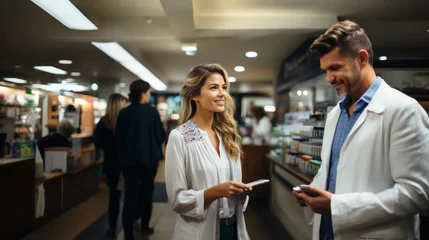 Gordijnen In a drugstore pharmacy. Man and woman pharmacist in white coats. © AS Photo Family