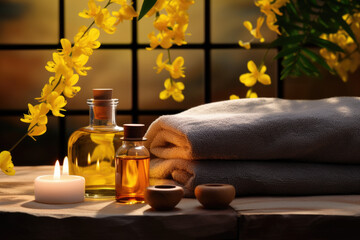 Obraz na płótnie Canvas Spa composition with essential oil, Acacia flowers and towels