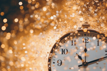 New Year 2019 gold background with clock and bokeh lights.