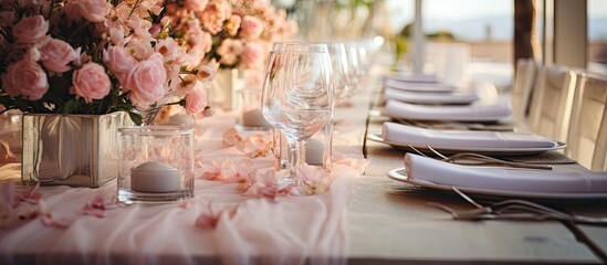 In a luxury restaurant the table was adorned with pink flowers and a white fabric creating a picturesque frame for the wedding celebration The party was filled with light as delicate glass o
