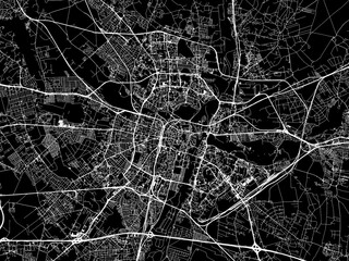 Vector road map of the city of Poznan in Poland with white roads on a black background.
