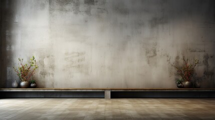 Room with concrete wall, white background.