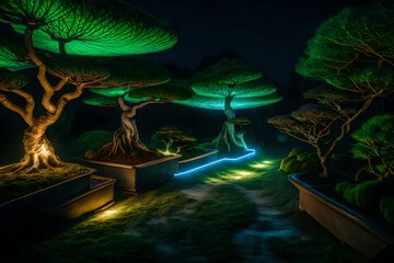  Neon lights illuminating a bonsai garden path, guiding the way in the darkness.