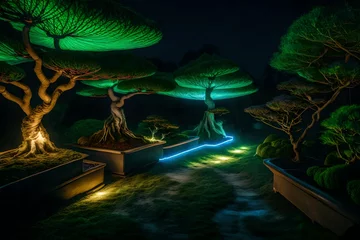 Fotobehang  Neon lights illuminating a bonsai garden path, guiding the way in the darkness. © MB Khan
