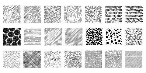 Hand drawn set of ink grunge texture. Doodle shapes. Linear hatching, crosshatchin, stippling, scumbling and others. Vector illustration. - obrazy, fototapety, plakaty