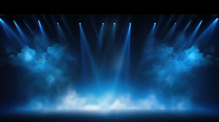 Stage with spotlights ready for performance, set against a dark background with mist rising, creating an atmospheric ambiance and a captivating space ready for a performer or product presentation.