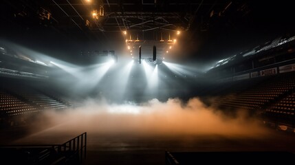 Basketball arena with bright lights and smoke.