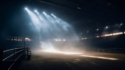 Empty cowboy bull riding arena with bright lights and smoke.