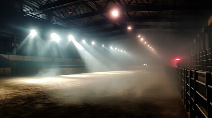 Empty cowboy bull riding arena with bright lights and smoke.