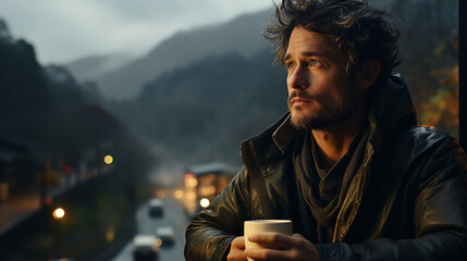 A wide horizontal photo banner image of handsome man thinking and looking outside near a window and drinking a coffee in a cold day and misty city landscape downside - obrazy, fototapety, plakaty