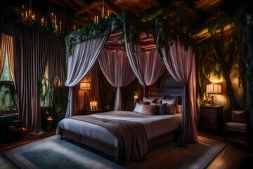A whimsical fairy tale-themed bedroom with a canopy bed draped in sheer fabric and enchanted forest wall art. - obrazy, fototapety, plakaty