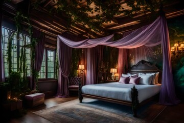 A beautiful bedroom decorated with fairy tale themes, featuring a sheer-draped canopy bed and wall paintings depicting an enchanted woodland.