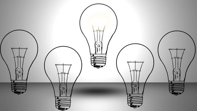 Idea concept with five light bulbs and only one glowing bulb in the middle.