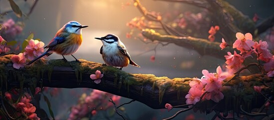 heart of nature amidst the vibrant flowers lush grass and towering trees the melody of birds fills the air while the avid wildlife photographer captures the enchanting beauty of wildlife an - obrazy, fototapety, plakaty