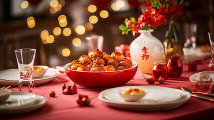 Obraz na płótnie Canvas A festive table setting with traditional Chinese New Year foods, Chinese new year