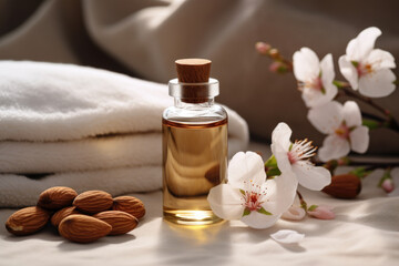 Spa composition with almond essential oil, flower and towels  - obrazy, fototapety, plakaty