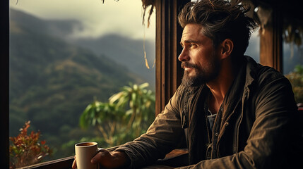 A wide horizontal photo banner image of tired man thinking and looking outside from a topical hotel window and drinking a coffee in a cold day and misty mountain background