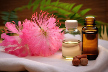 Spa composition with essential oil, Albizia flower and towels 