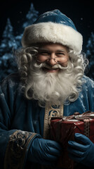 Blue Santa clutches a gift, his eyes twinkling with joy amidst the serene snowflakes and dark forest backdrop - obrazy, fototapety, plakaty
