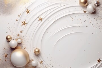 Abstract white and gold Christmas background with baubles, stars, and glitter. Modern holiday design with white baubles and golden stars on a swirling backdrop.