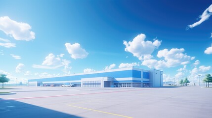 Expansive warehouse-style building with a vast parking lot under a beautiful blue sky, showcasing a colossal structure with an undefined purpose, creating an impressive and open industrial landscape.