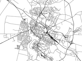 Vector road map of the city of Berdychiv in Ukraine with black roads on a white background.