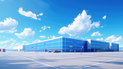 Fototapeta na wymiar Expansive warehouse-style building with a vast parking lot under a beautiful blue sky, showcasing a colossal structure with an undefined purpose, creating an impressive and open industrial landscape.