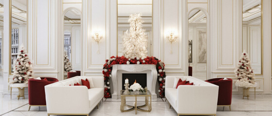 Luxury white living room with fireplace, armchairs and Christmas tree.