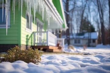 Frozen lawn, snow on the grass in front of a house.