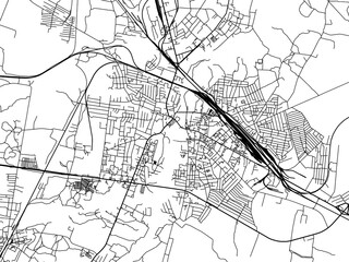 Vector road map of the city of Kovel in Ukraine with black roads on a white background.