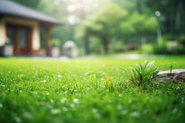 Morning dew on green grass, raindrops, lawn in front of a house. - obrazy, fototapety, plakaty