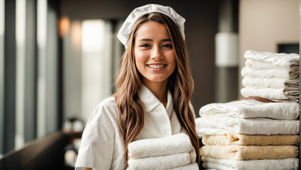 Maid girl, clean towels, hotel