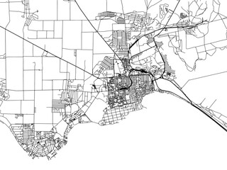 Vector road map of the city of Yevpatoriya in Ukraine with black roads on a white background.