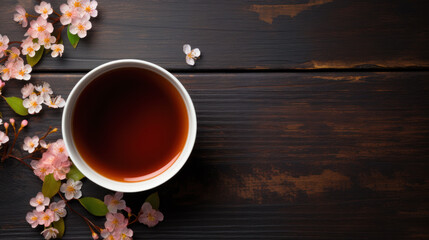 Obraz na płótnie Canvas Top view of a cup of black tea 