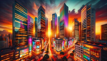 Dynamic cityscape at sunset with illuminated skyscrapers reflecting vibrant hues against a dramatic sky.Generative AI