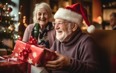 Fototapeta na wymiar Happy smiling senior caucasian couple celebrating Christmas together while showing their present in happiness and excitement at home wearing Santa hat and christmas tree on the background