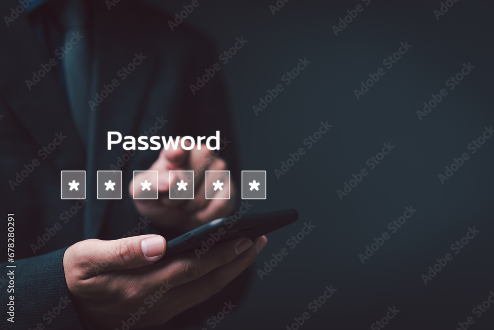 Poster businessman using mobile phone password cyber security identity theft and cloud network system appli