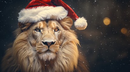 Portrait of a lion in Santa hat. Christmas background.